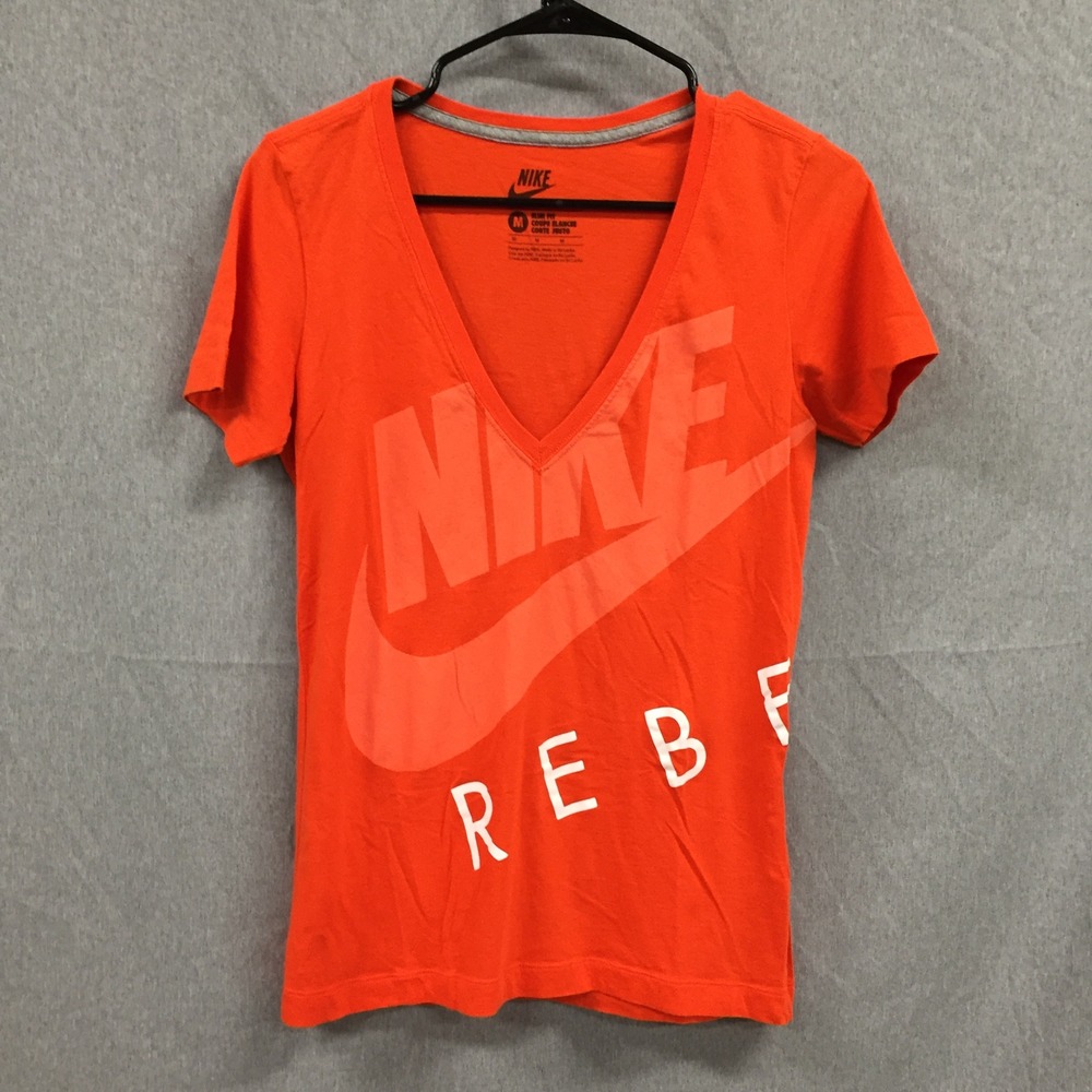 Nike Sportswear Rebel Orange V-Neck Slim Fit Graphic T-Shirt Womens Medium